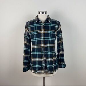 Patagonia Organic Cotton Black Blue Yellow Plaid Button Down Collared Shirt Top